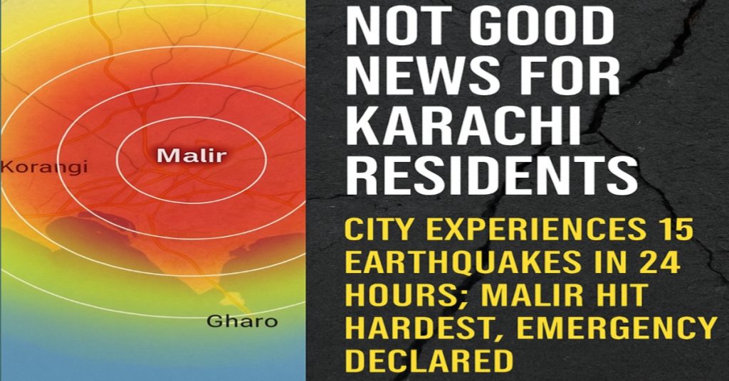 Map of Karachi highlighting Malir area experiencing multiple earthquakes; emergency response underway as city faces 15 tremors within 24 hours, causing concern among residents and damage risks to infrastructure