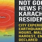 Map of Karachi highlighting Malir area experiencing multiple earthquakes; emergency response underway as city faces 15 tremors within 24 hours, causing concern among residents and damage risks to infrastructure
