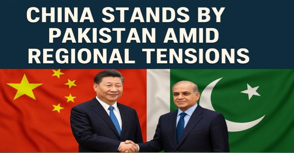 "President Xi Jinping and Prime Minister Shehbaz Sharif shaking hands in front of Chinese and Pakistani flags, highlighting strong diplomatic ties amid regional tensions."