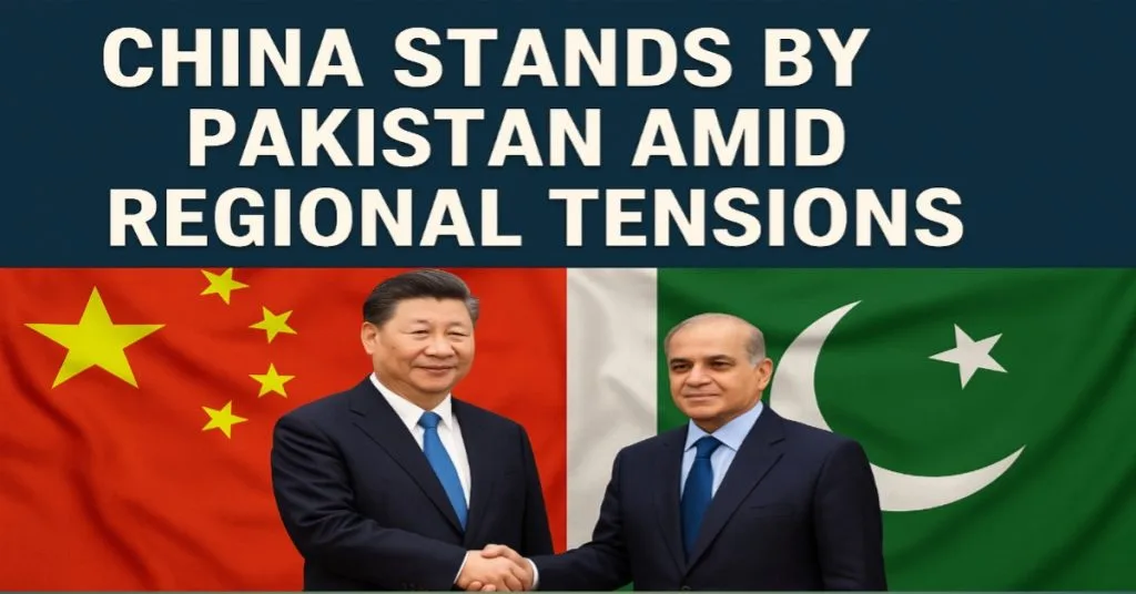 "President Xi Jinping and Prime Minister Shehbaz Sharif shaking hands in front of Chinese and Pakistani flags, highlighting strong diplomatic ties amid regional tensions."
