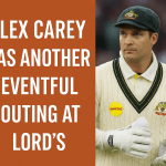 "Alex Carey in Australian cricket uniform at Lord’s, wearing gloves and green cap, during a tense moment in the match."