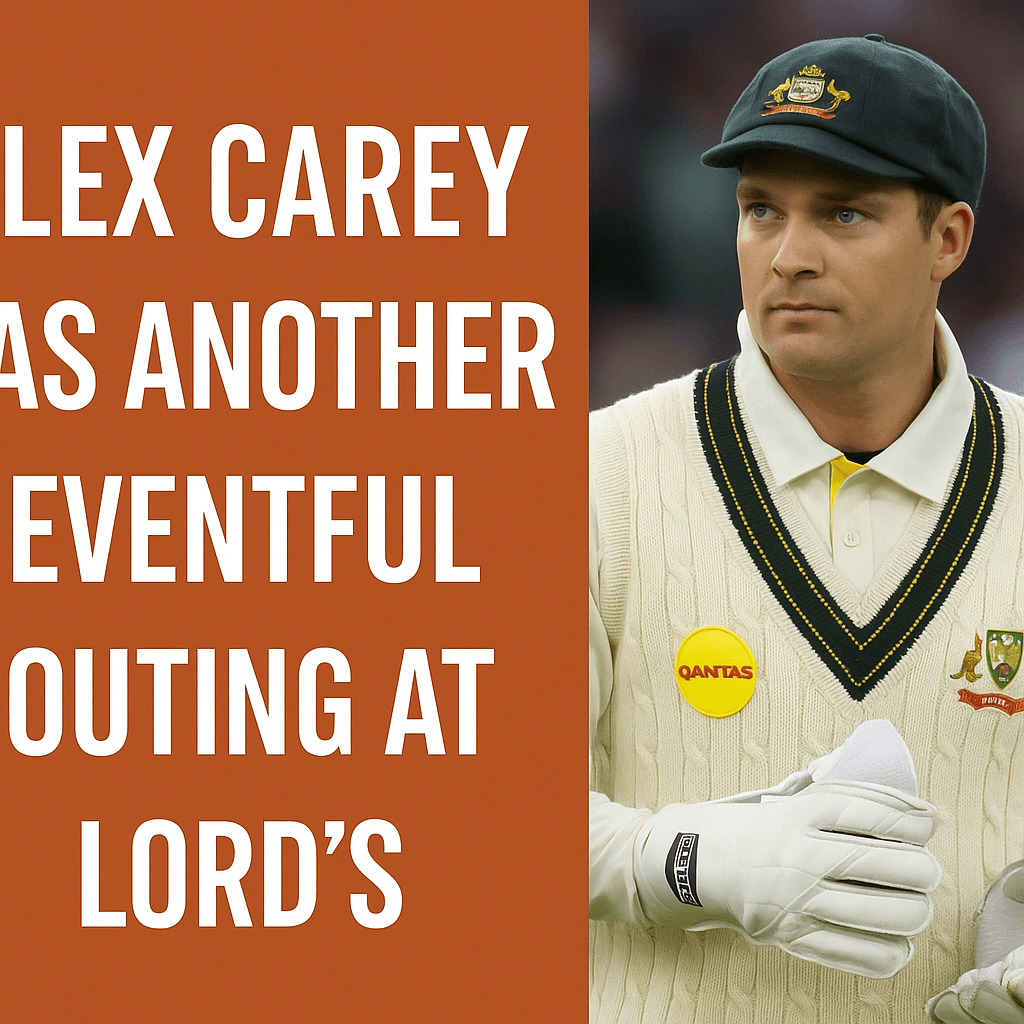"Alex Carey in Australian cricket uniform at Lord’s, wearing gloves and green cap, during a tense moment in the match."