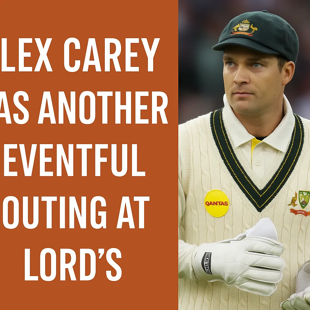 "Alex Carey in Australian cricket uniform at Lord’s, wearing gloves and green cap, during a tense moment in the match."