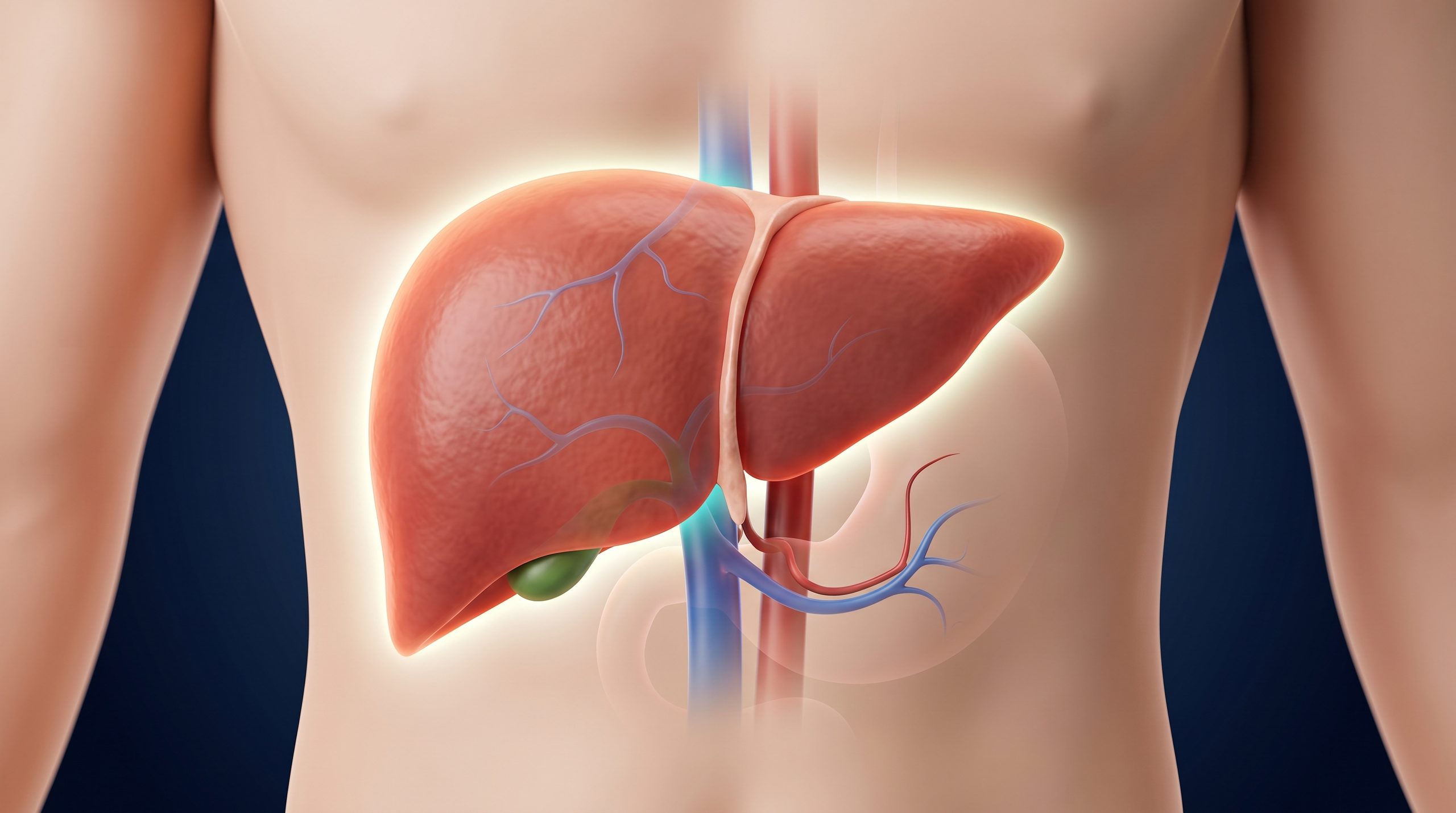 Ek sehatmand insani liver (jigar) ki 3D medical illustration jis mein glowing effect hai.